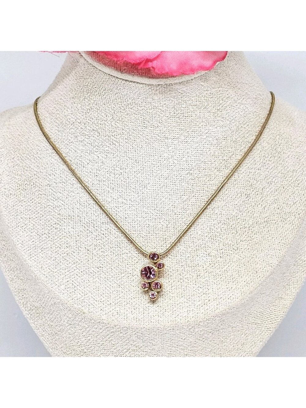 Vintage AVON Gold Pink Crystal Journey Pendant Necklace 90s Costume Jewelry